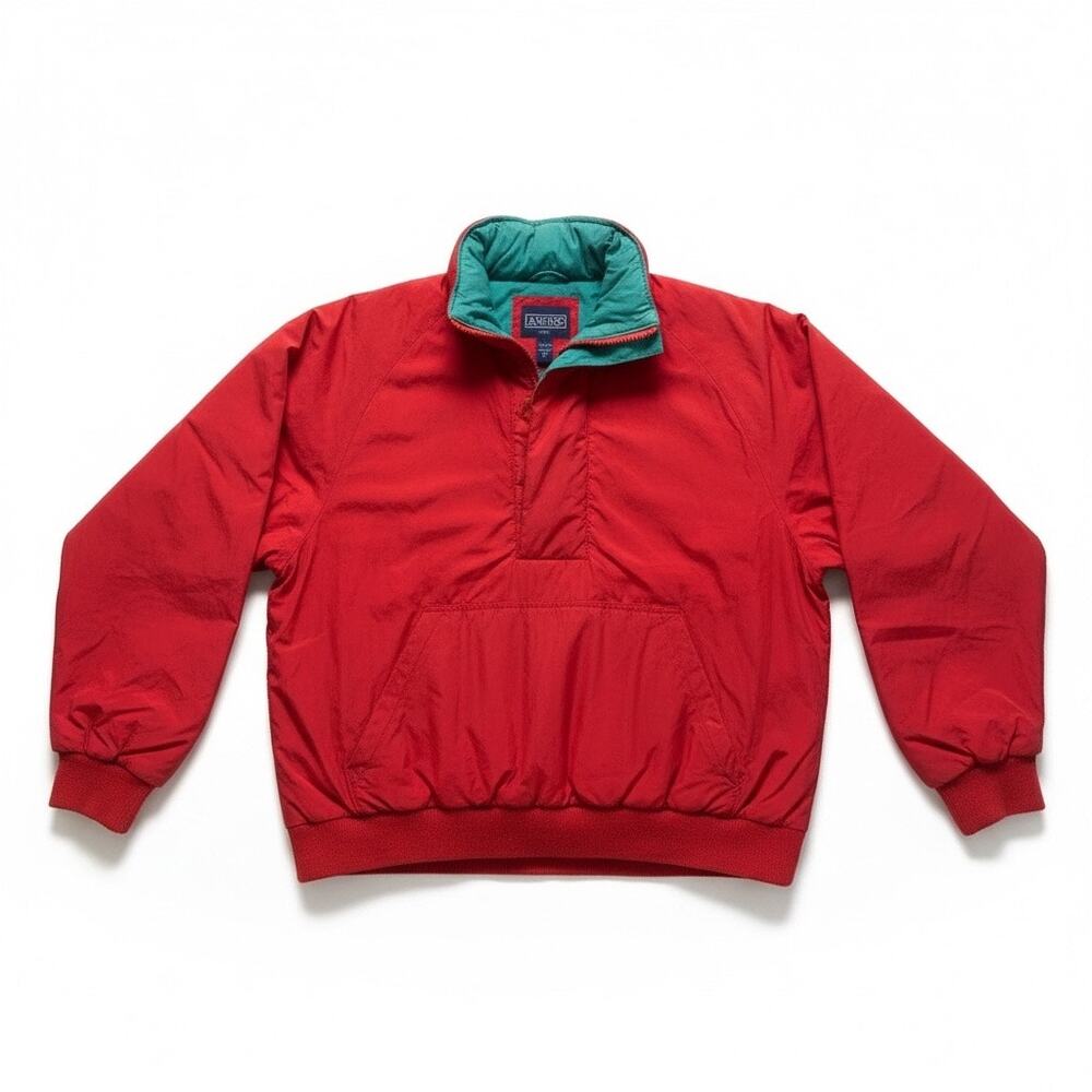 Vintage Lands End Down Jacket Anorak Pullover Red Teal 90s Puffer Ski Jacket M